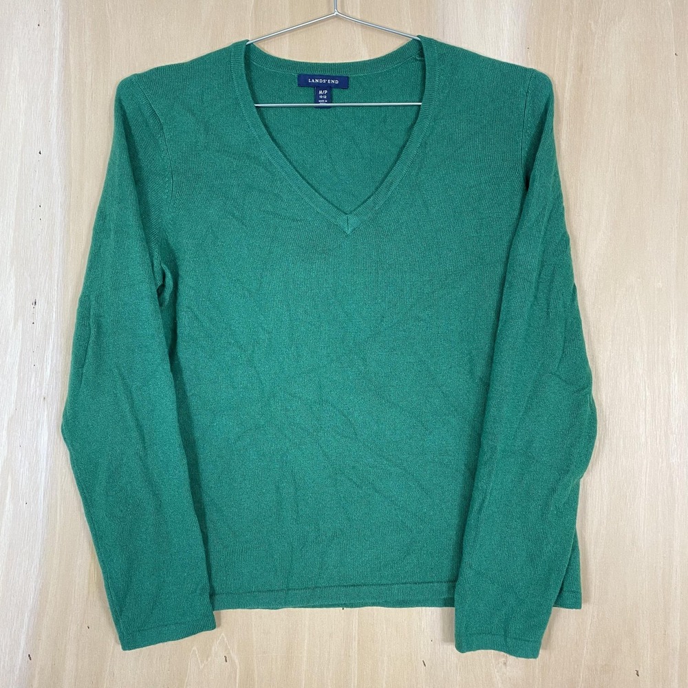 Lands End Sweater Womens Medium Petite Green Cashmere V Neck Pullover Knit‎ Luxe